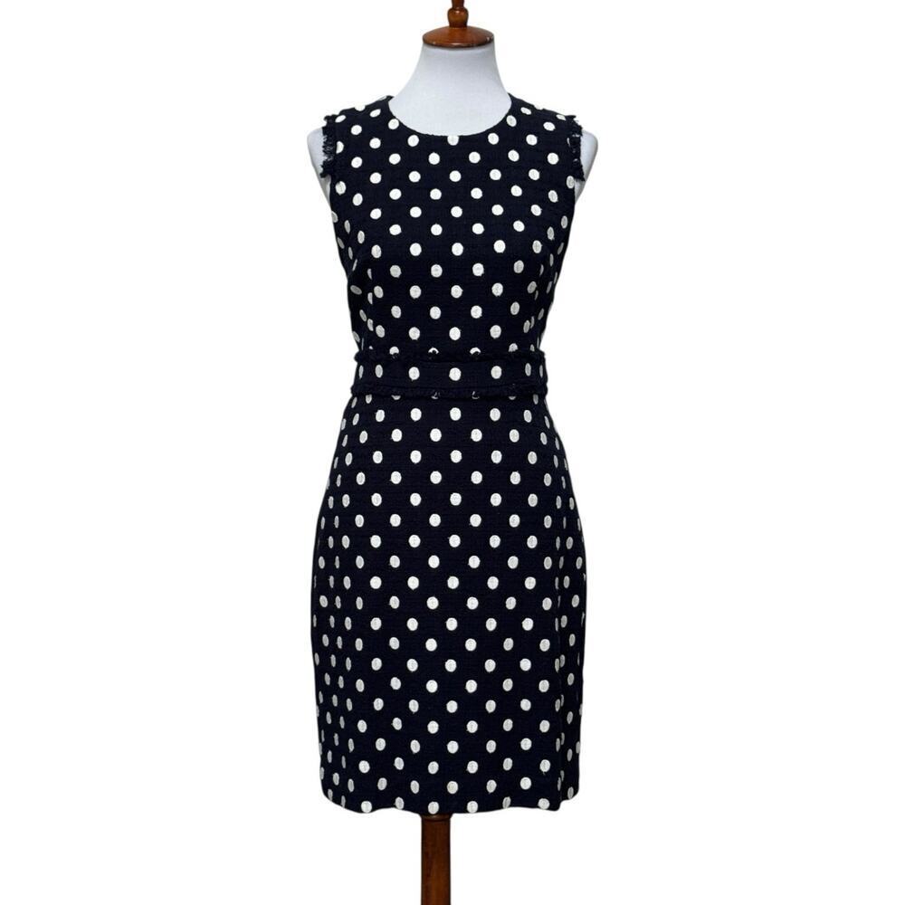 J Crew Sheath Dress Tweed Polka Dot Navy Ivory Women’s 10 Fringe Trim NEW